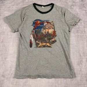Vtg Nature Shirt Mens Small Green Wolf Native American Dream Catcher 80s